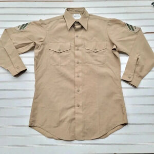 US Marine Corp Dress Shirt Mens 15-32 Khaki Shade Long Sleeve Button Up Uniform